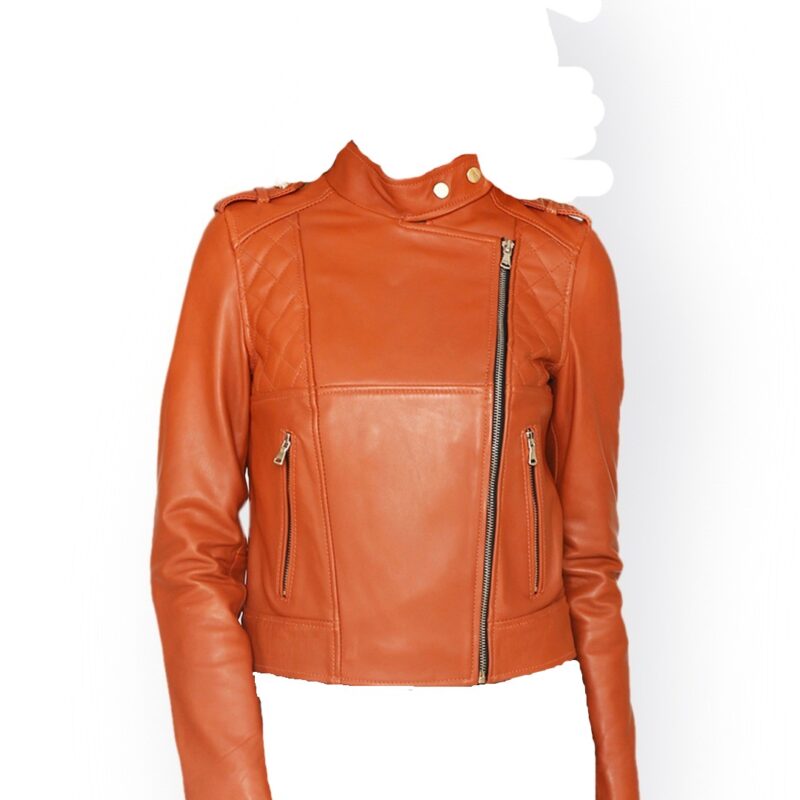 Women Orange Leather Racer Jacket