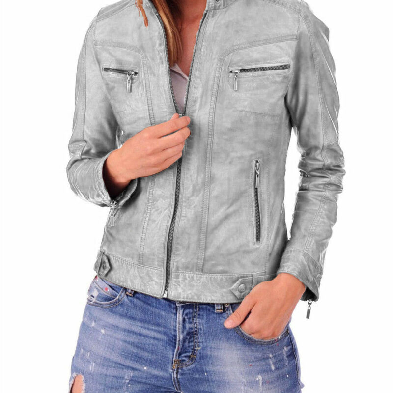 Womens White Leather Motorcycle Jacket